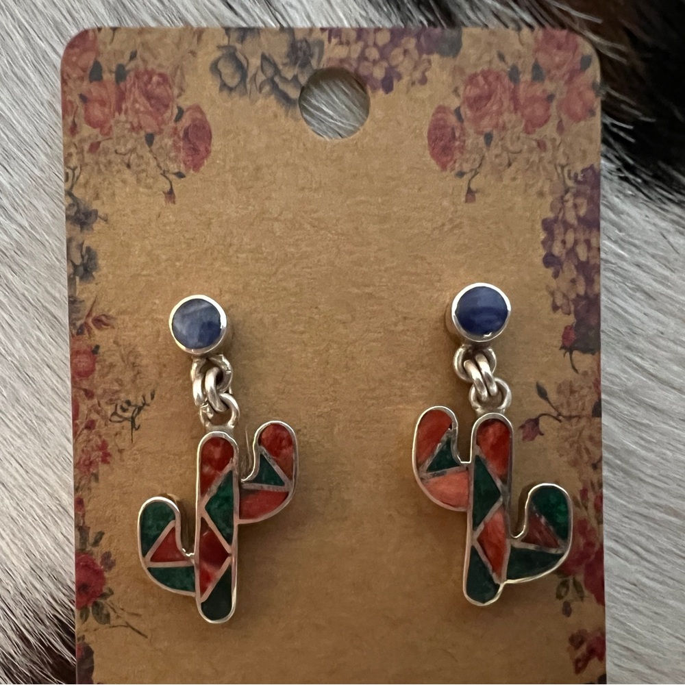 Peruvian Inca Inlaid Spiny Malachite Lapis Saguaro Cactus 950 Silver Earrings